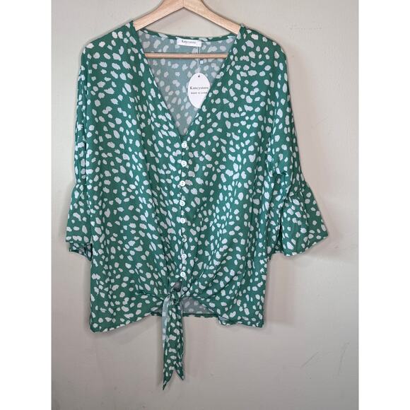 NWT Kancystore Button Down V Neck Tie Knot  3/4 Sleeve Chiffon Casual Blouse - Picture 2 of 4